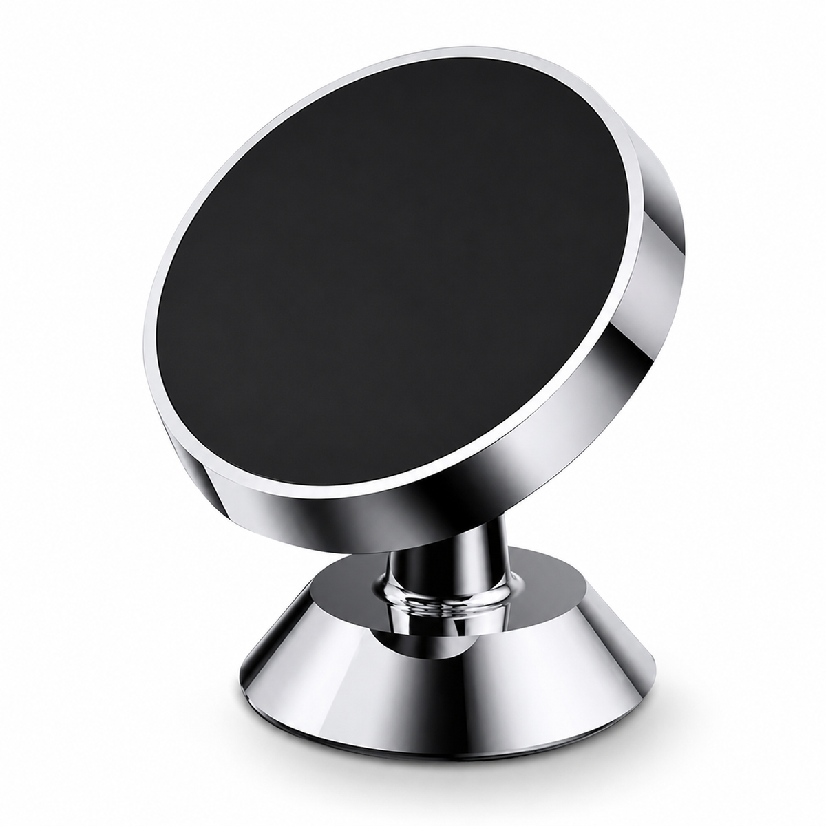 A compact silver-colored phone mount has a black round magnetic face angled above a short ball-joint stem and flared circular base.