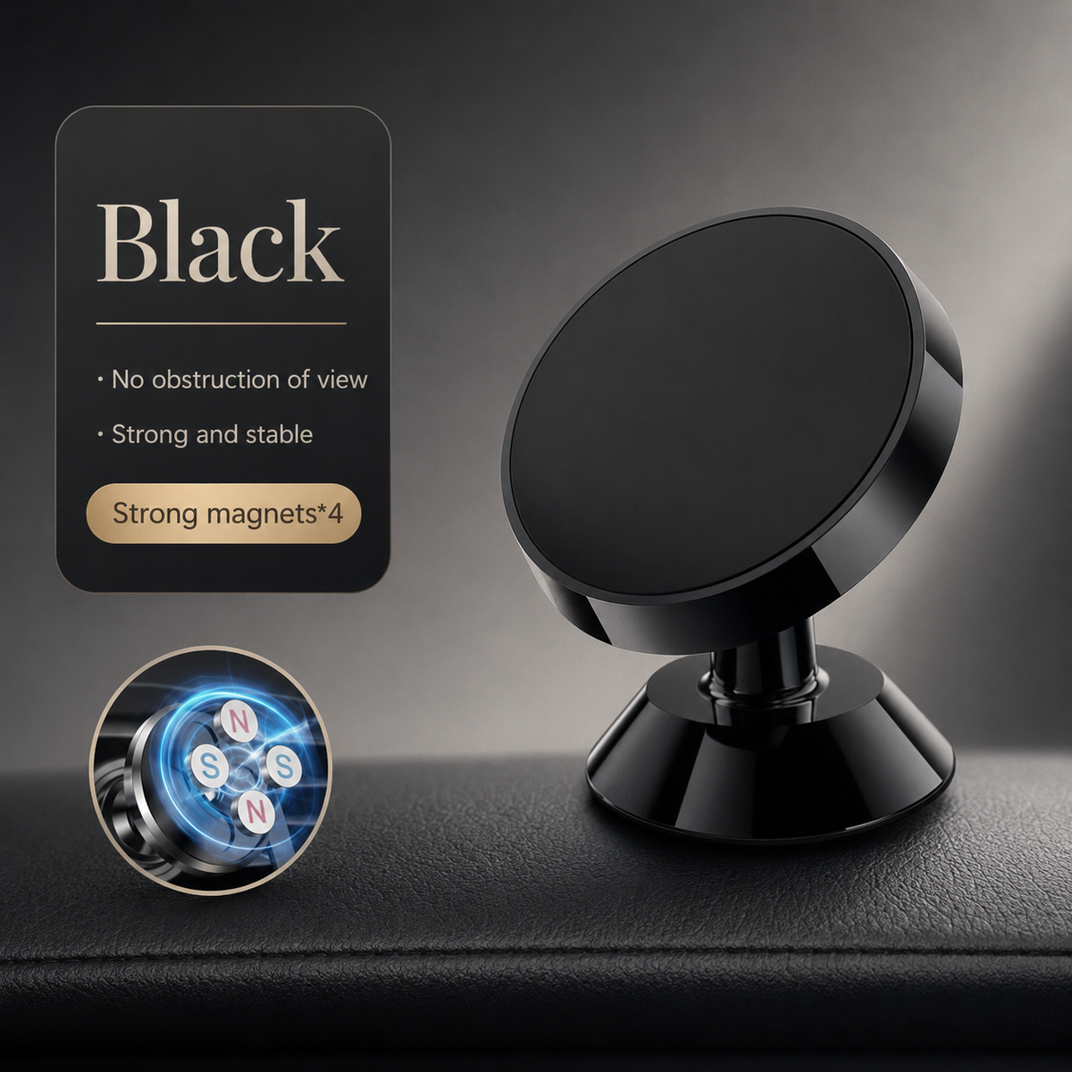 A glossy black round mount sits on a dashboard beside a cutaway illustration of four magnets. Text advertises a stable hold.