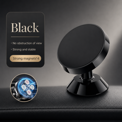 A glossy black round mount sits on a dashboard beside a cutaway illustration of four magnets. Text advertises a stable hold.