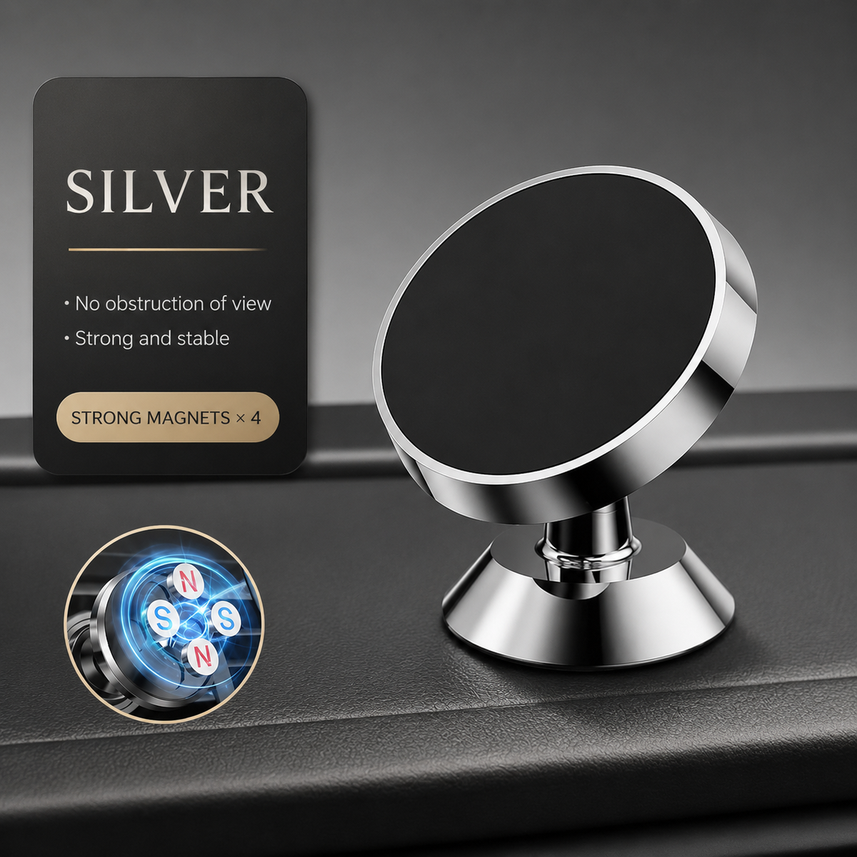 A silver-colored round mount with a black face sits on a dashboard beside a cutaway illustration of four magnets.