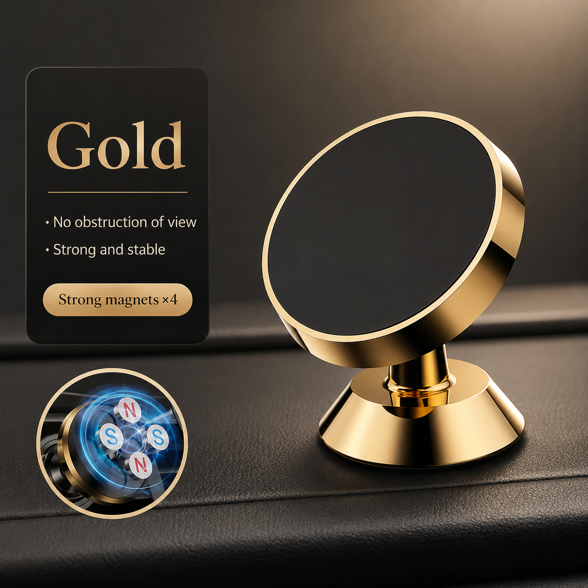 A gold-colored round mount with a black face sits on a dashboard beside a cutaway illustration of four magnets.