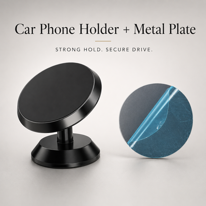 A black round phone mount stands beside a separate circular metal attachment plate with its blue protective film partly peeled back.