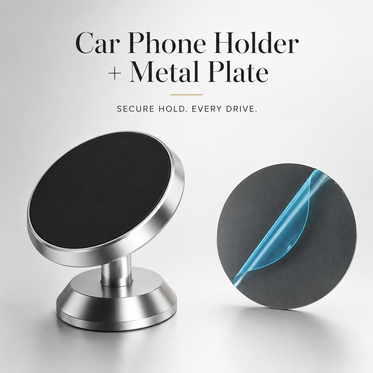A silver-colored round phone mount stands beside a separate circular metal attachment plate with its blue protective film partly peeled back.