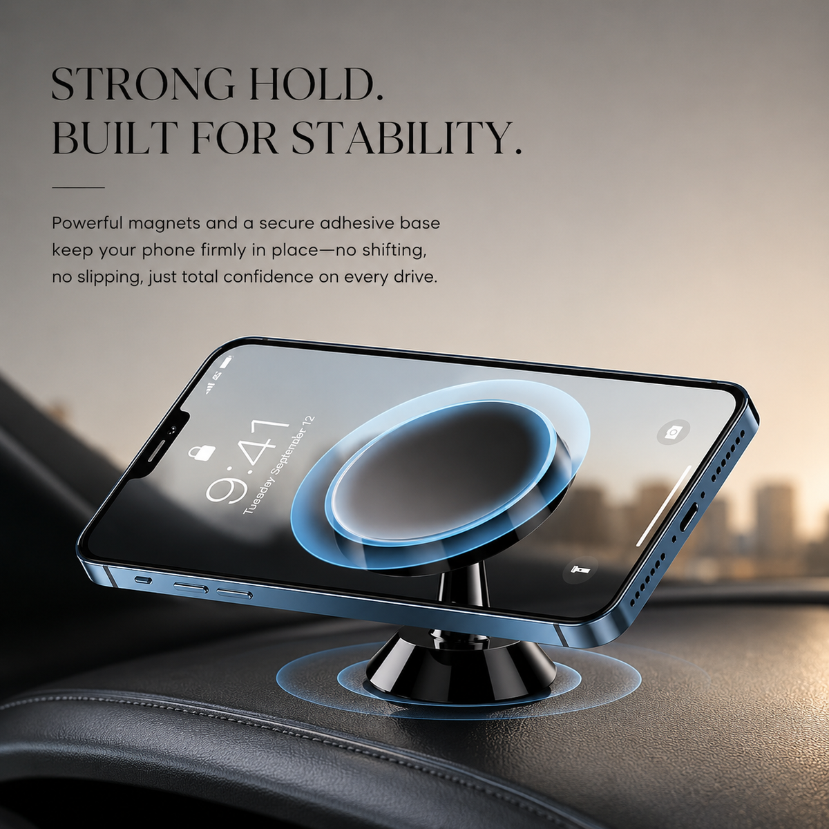 A blue phone rests horizontally on a black dashboard mount. Blue rings illustrate its attachment and adhesive base while text promotes stability.