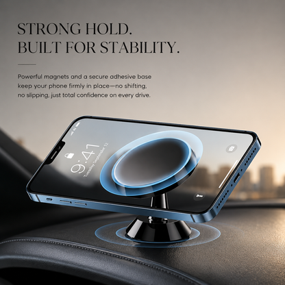 A blue phone rests horizontally on a black dashboard mount. Blue rings illustrate its attachment and adhesive base while text promotes stability.