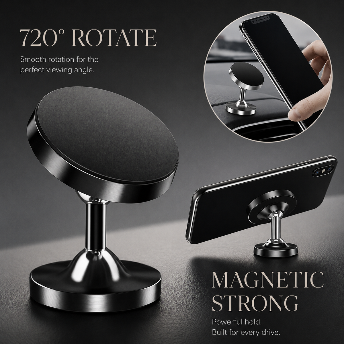 A black round phone mount appears beside rear and front views of mounted phones. Text advertises magnetic attachment and 720-degree rotation.