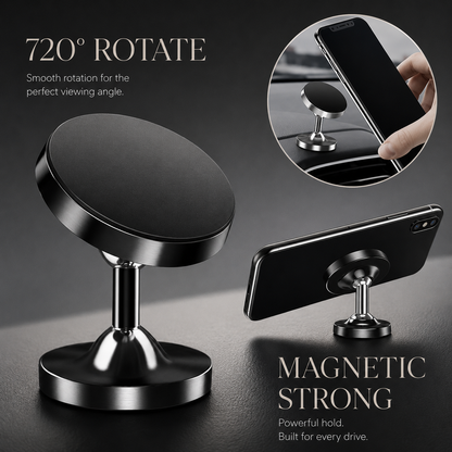 A black round phone mount appears beside rear and front views of mounted phones. Text advertises magnetic attachment and 720-degree rotation.