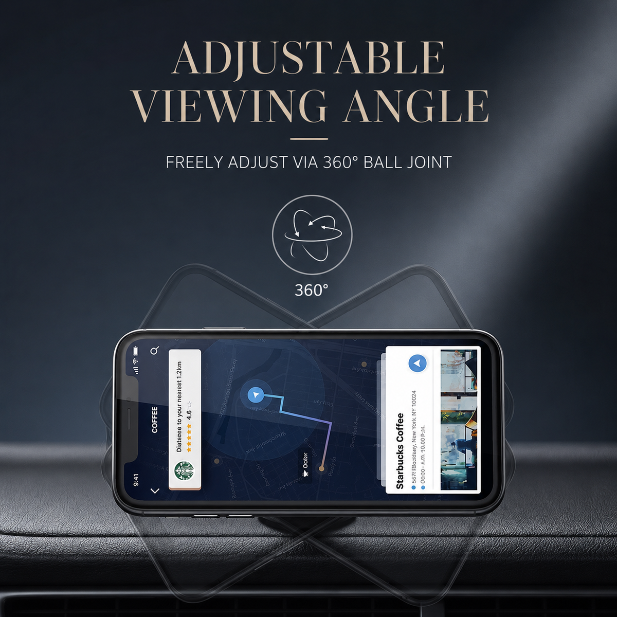 A phone displaying a navigation map sits horizontally on a dashboard mount. Ghosted tilted positions and a 360-degree symbol illustrate adjustable viewing angles.