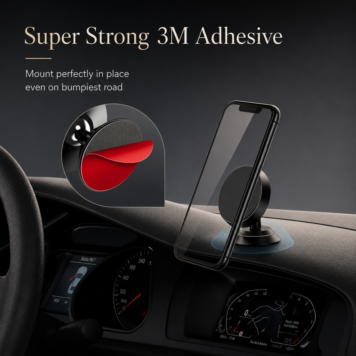 A phone sits on a black dashboard mount above the instrument panel. An inset shows a red adhesive backing peeling away, with text promoting 3M adhesive.