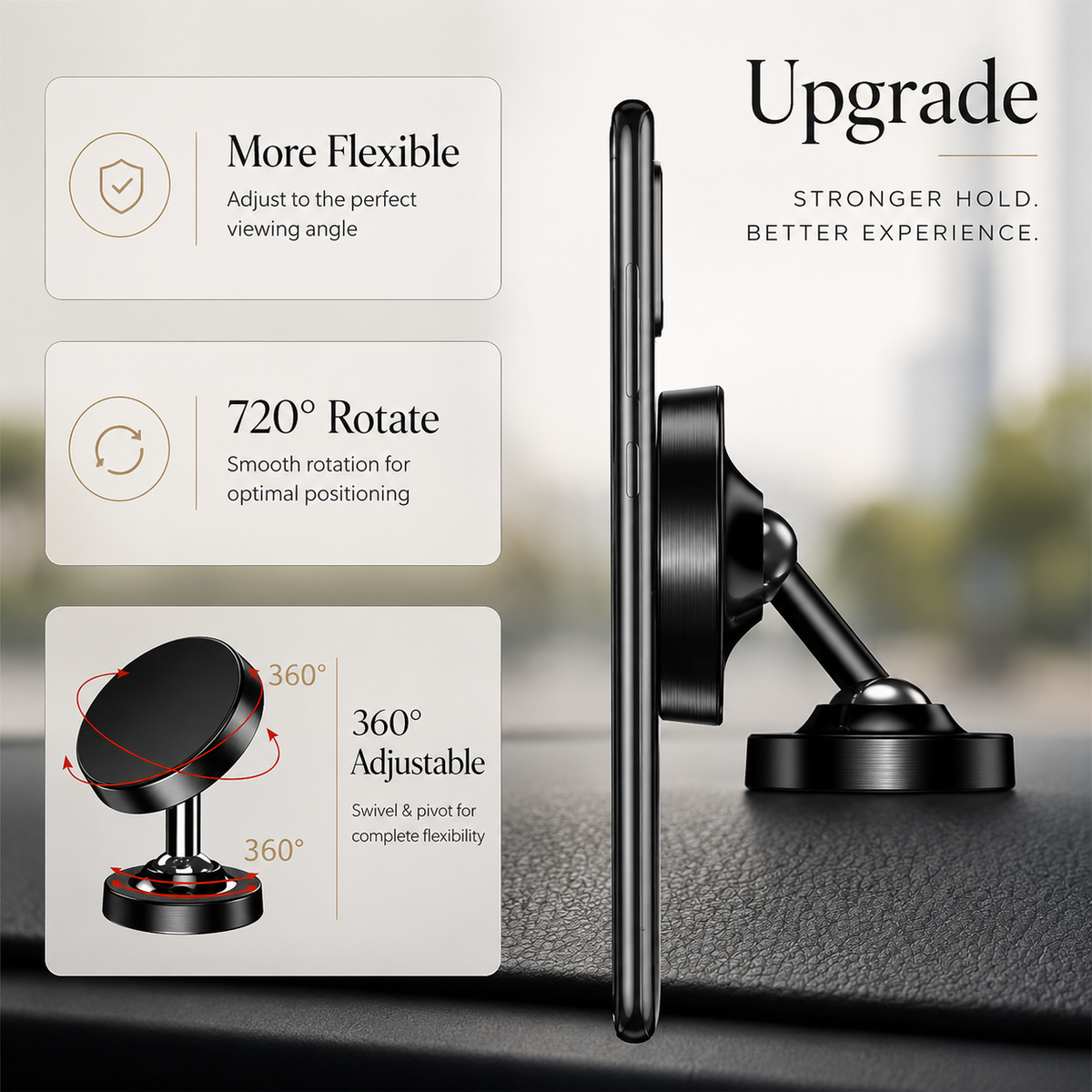 A side-view phone sits on a short dashboard mount. Insets illustrate pivoting the magnetic face and base, with text advertising 360- and 720-degree adjustment.