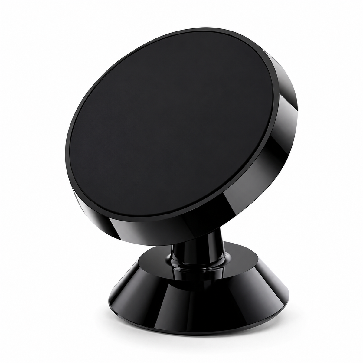 A compact glossy black phone mount has a round flat magnetic face angled above a short ball-joint stem and flared circular base.