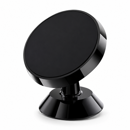 A compact glossy black phone mount has a round flat magnetic face angled above a short ball-joint stem and flared circular base.