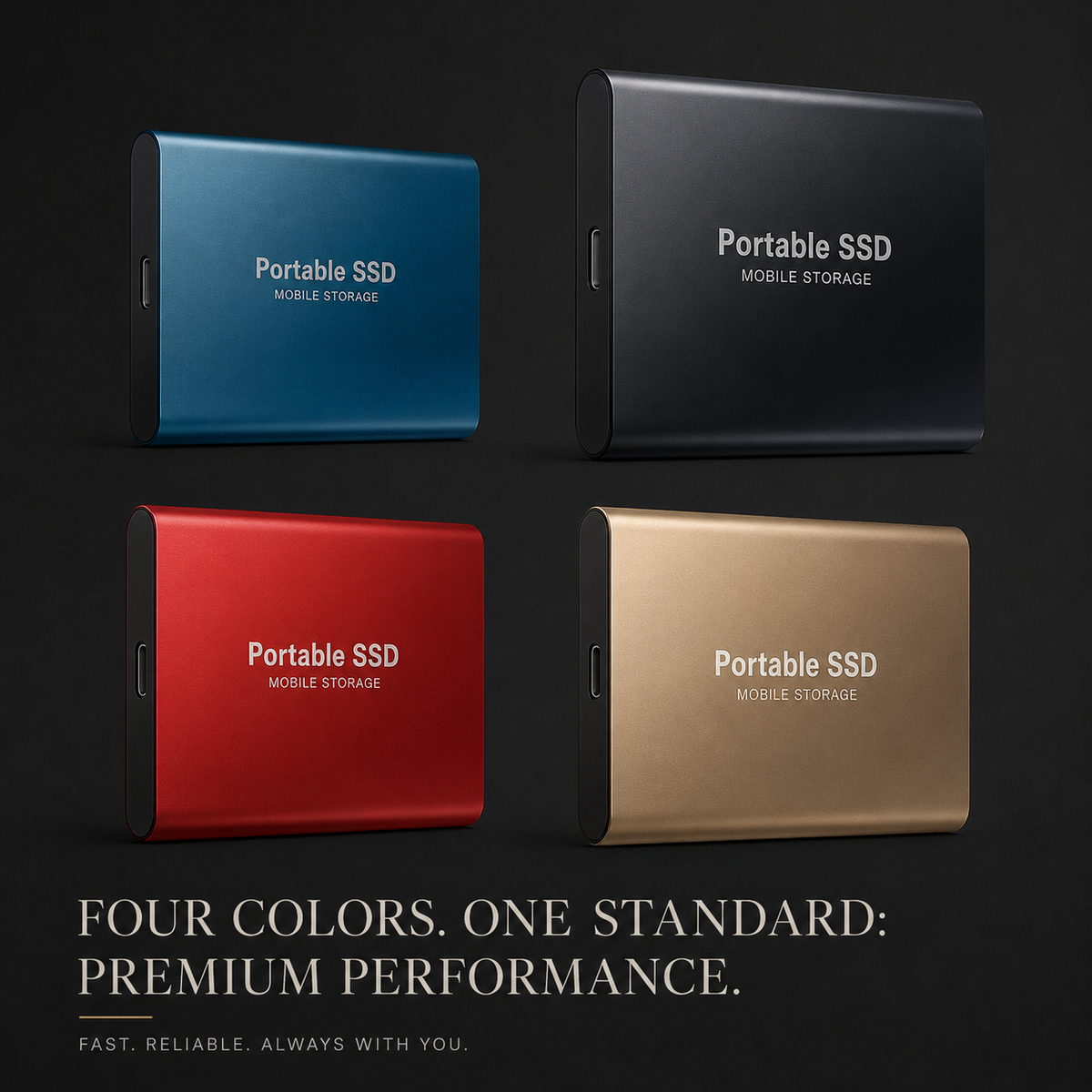 Four portable drives in blue, dark gray, red, and gold are arranged in a grid on a dark background beneath a headline promoting the color choices.