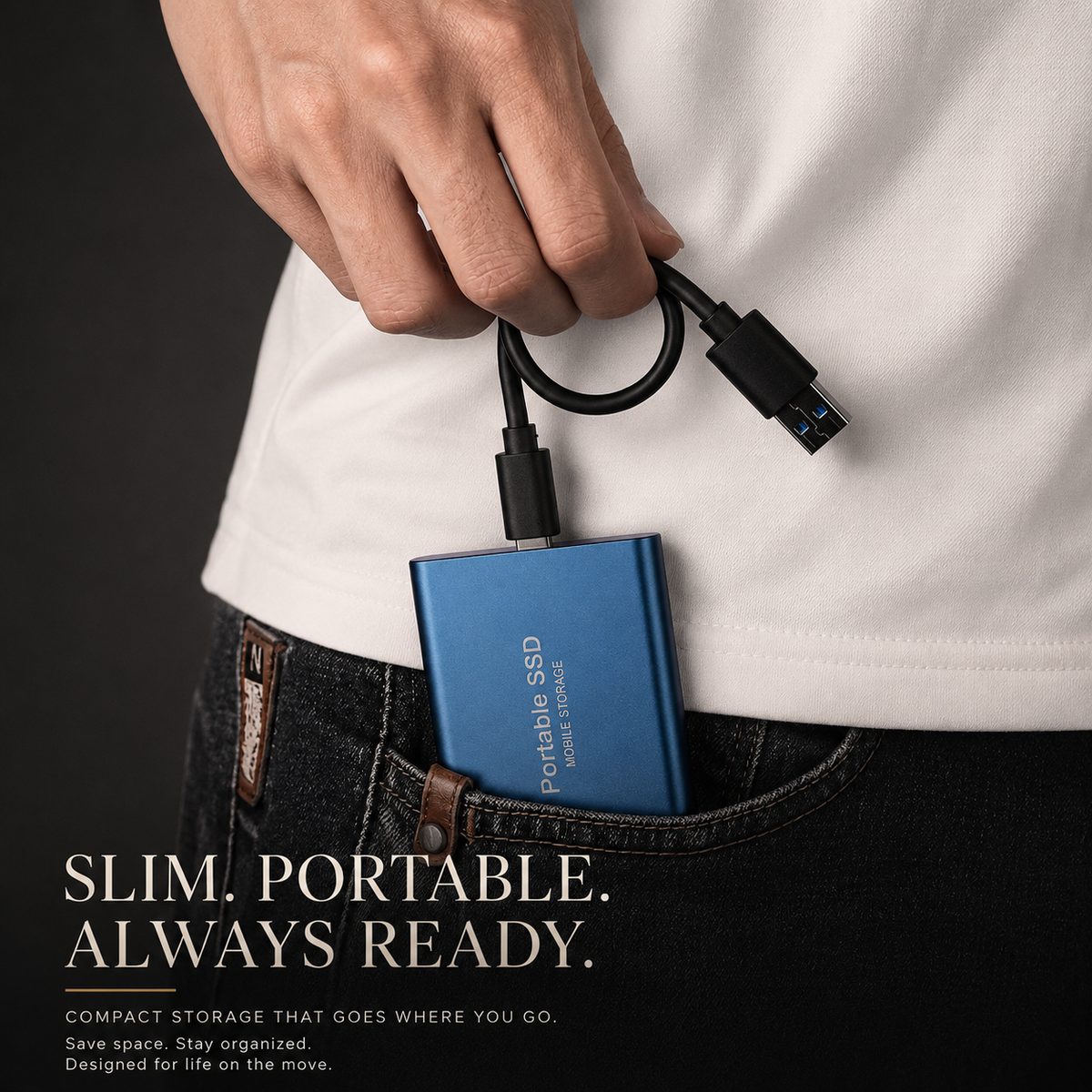 A person carries a small blue drive in a jeans pocket while holding its looped black USB cable. Text emphasizes compact portable storage.