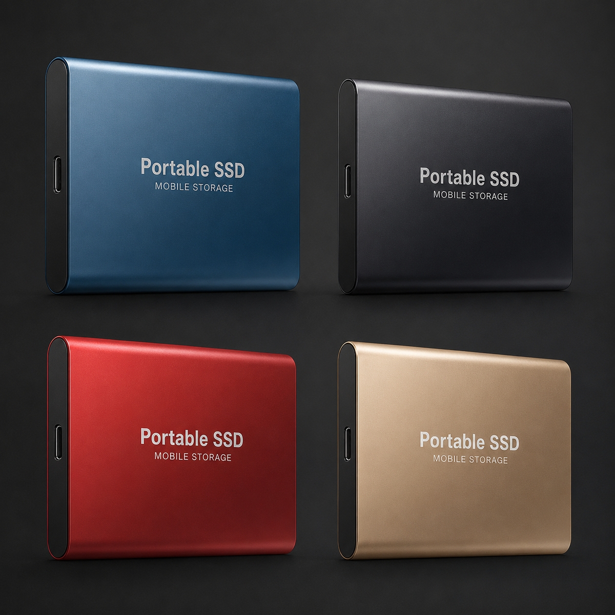 Four portable drives in blue, dark gray, red, and gold are arranged in a two-by-two grid against a dark background.