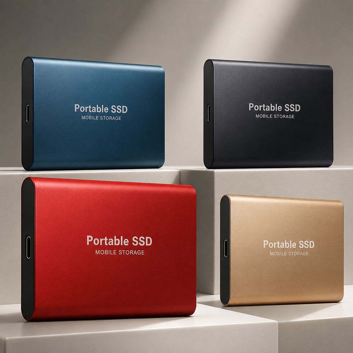 Blue, dark gray, red, and gold portable drives stand on pale stepped display blocks, each with a black side panel and centered white lettering.
