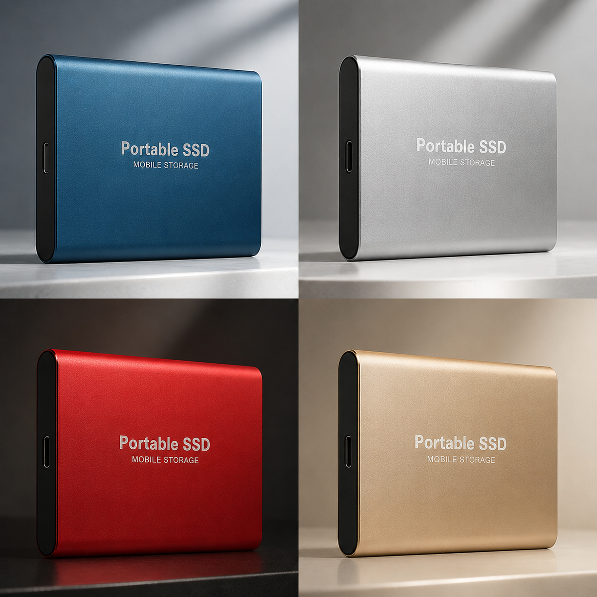 Four separate panels show blue, silver, red, and gold portable drives standing upright on display surfaces.