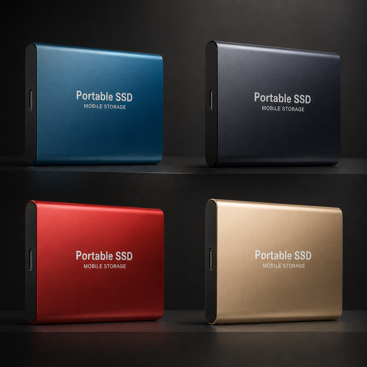 Blue, dark gray, red, and gold portable drives stand on two tiers of a dark display, with 'Portable SSD Mobile Storage' printed on each front.