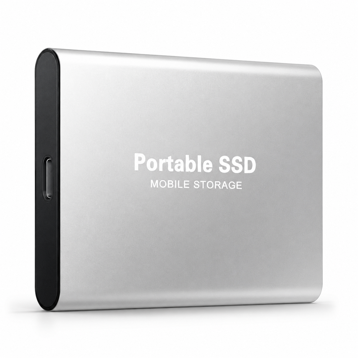 A silver-colored rectangular drive stands upright, labeled 'Portable SSD Mobile Storage,' with rounded edges and a USB-C-shaped port on its black side.