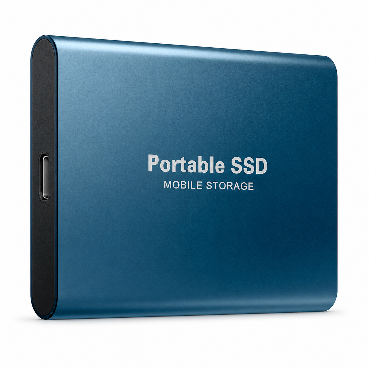 A blue rectangular drive stands upright, labeled 'Portable SSD Mobile Storage,' with softly rounded edges and a USB-C-shaped port on its black side.