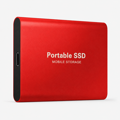 A red rectangular drive stands upright, labeled 'Portable SSD Mobile Storage,' with softly rounded edges and a USB-C-shaped port on its black side.