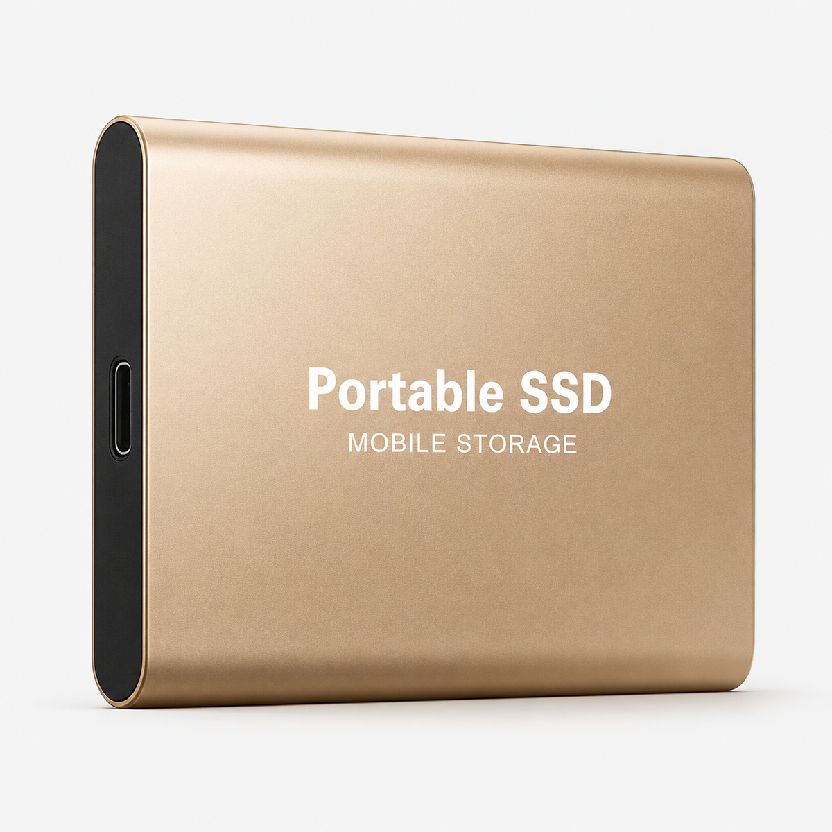 A gold-colored rectangular drive stands upright, labeled 'Portable SSD Mobile Storage,' with rounded edges and a USB-C-shaped port on its black side.
