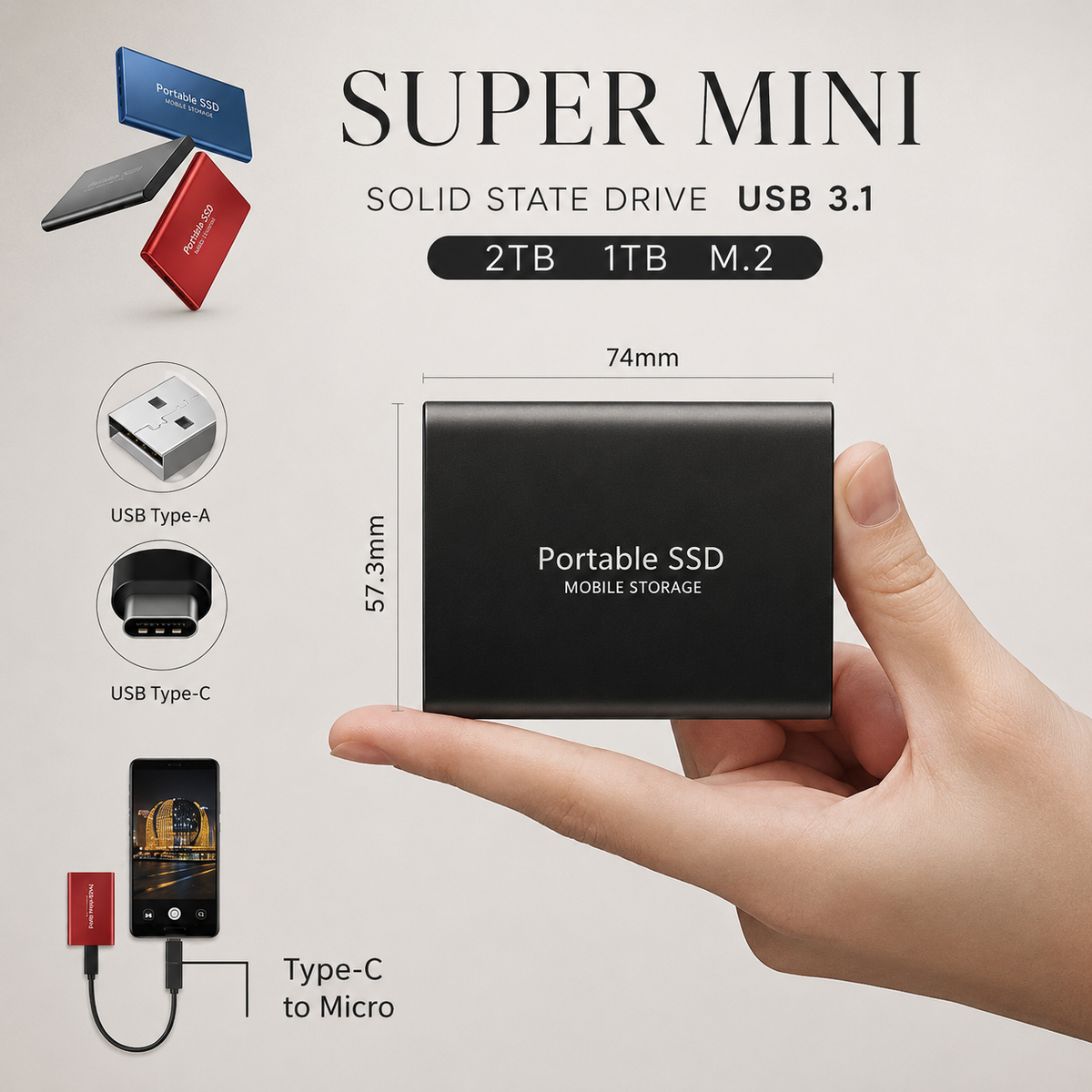A hand holds a compact black drive labeled Portable SSD. Dimension labels show 74 by 57.3 millimeters, with connector diagrams and text advertising USB 3.1 and 1TB or 2TB options.