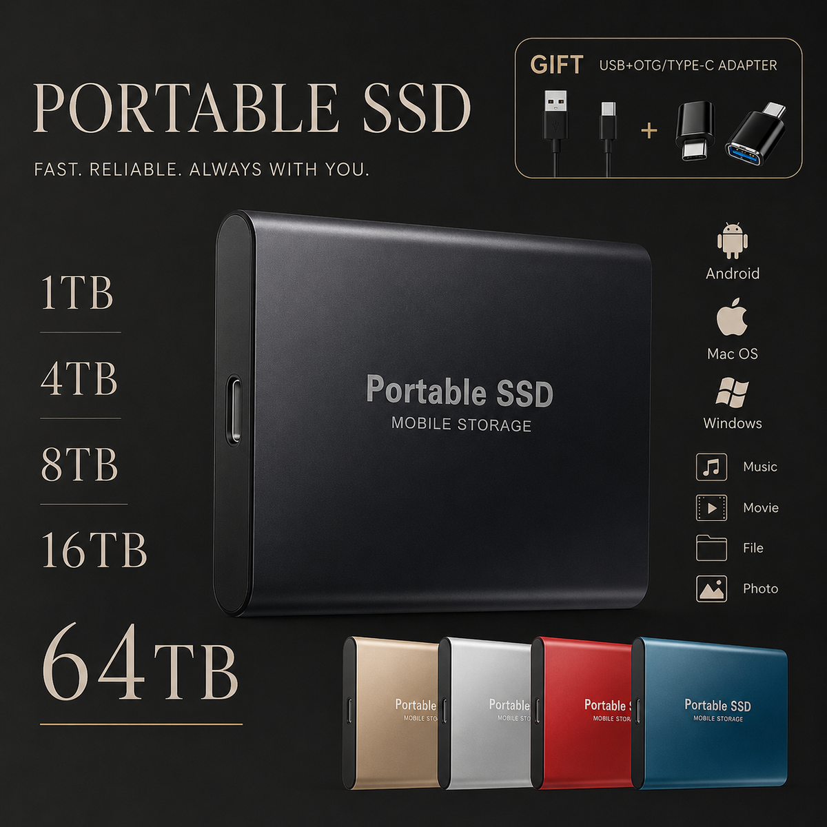 A black portable drive appears above gold, silver, red, and blue versions. Text lists storage capacities from 1TB to 64TB, device platforms, and included cable and adapter graphics.