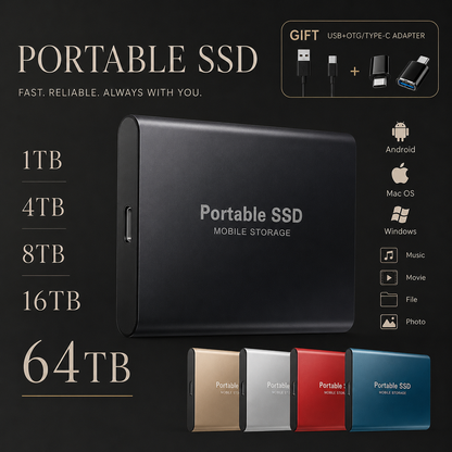 A black portable drive appears above gold, silver, red, and blue versions. Text lists storage capacities from 1TB to 64TB, device platforms, and included cable and adapter graphics.