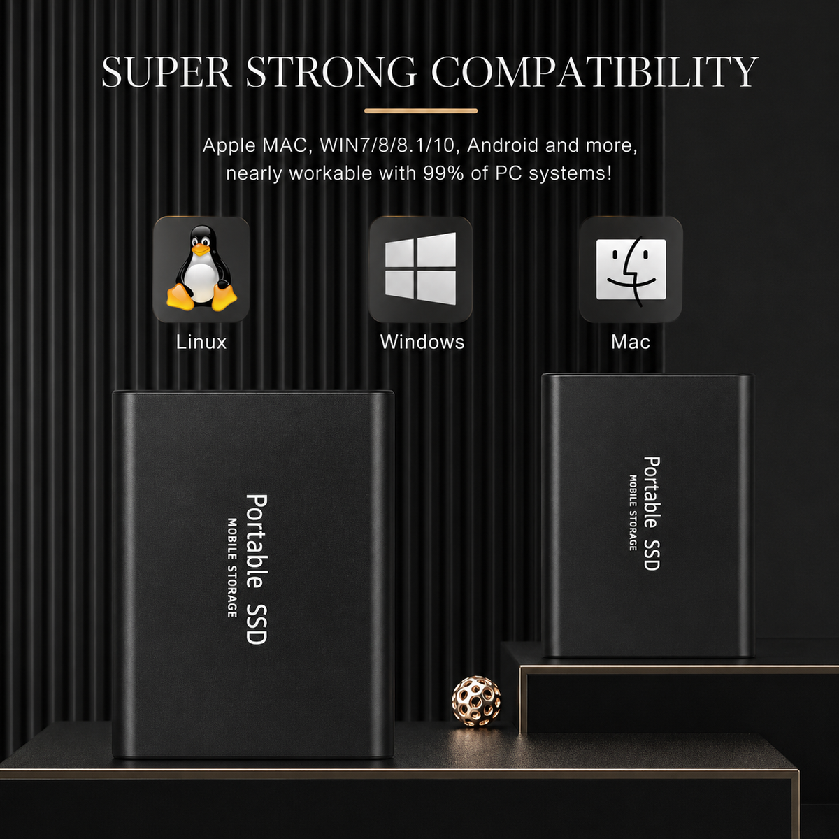 Two black portable drives stand on dark display blocks beneath Linux, Windows, and Mac logos. Text advertises compatibility with multiple operating systems.