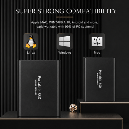 Two black portable drives stand on dark display blocks beneath Linux, Windows, and Mac logos. Text advertises compatibility with multiple operating systems.