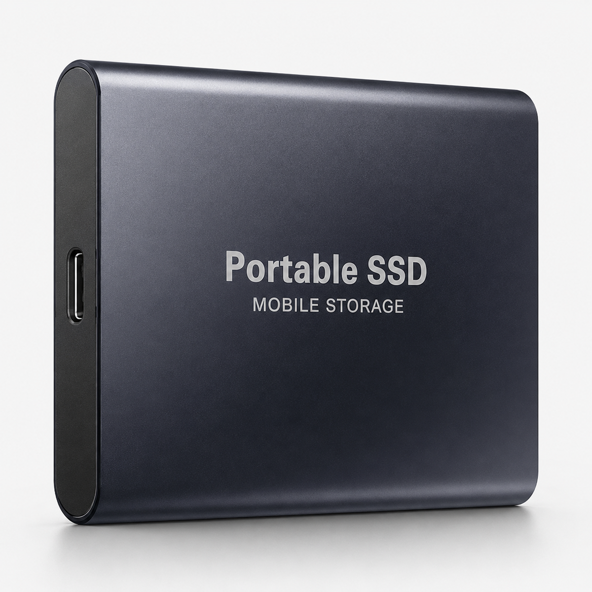 A dark gray rectangular drive with softly rounded edges stands upright, labeled 'Portable SSD Mobile Storage,' with a USB-C-shaped port on its black side.