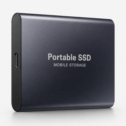 A dark gray rectangular drive with softly rounded edges stands upright, labeled 'Portable SSD Mobile Storage,' with a USB-C-shaped port on its black side.