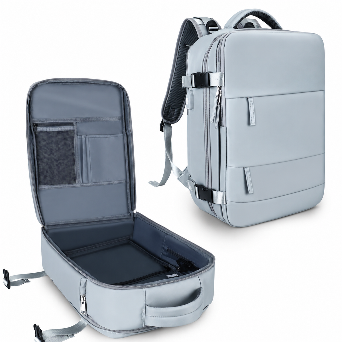 Two views show a pale blue-gray travel backpack upright and opened flat like a suitcase. The interior has gray lining, organizer pockets and a broad packing compartment.
