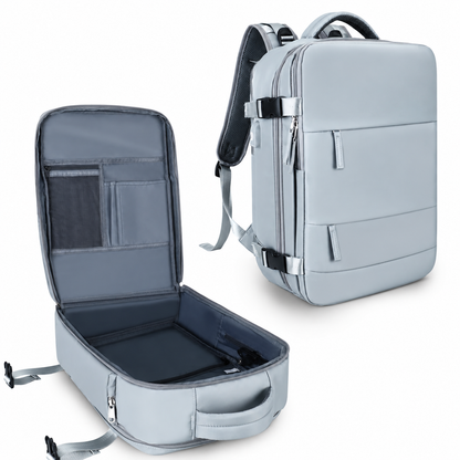 Two views show a pale blue-gray travel backpack upright and opened flat like a suitcase. The interior has gray lining, organizer pockets and a broad packing compartment.