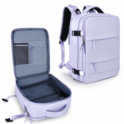Two views show a lavender travel backpack upright and opened flat like a suitcase. The interior has gray lining, organizer pockets and a broad packing compartment.