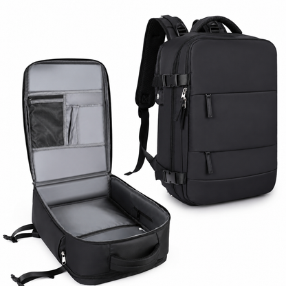 Two views show a black travel backpack upright and opened flat like a suitcase. The interior has gray lining, organizer pockets and a broad packing compartment.
