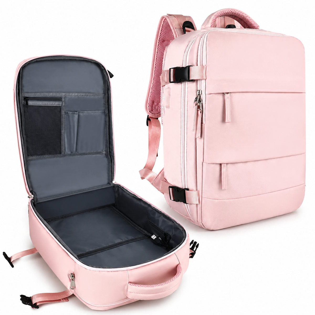 Two views show a pink travel backpack upright and opened flat like a suitcase. The interior has gray lining, organizer pockets and a broad packing compartment.