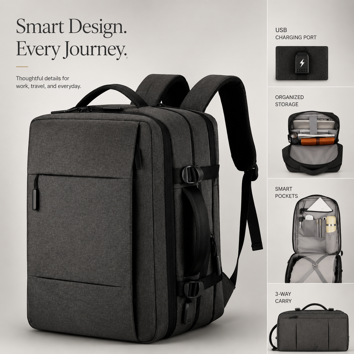 A charcoal backpack appears beside close-ups of its USB port, packed interior, organizer pockets and sideways briefcase-style carry option.