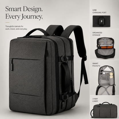 A charcoal backpack appears beside close-ups of its USB port, packed interior, organizer pockets and sideways briefcase-style carry option.