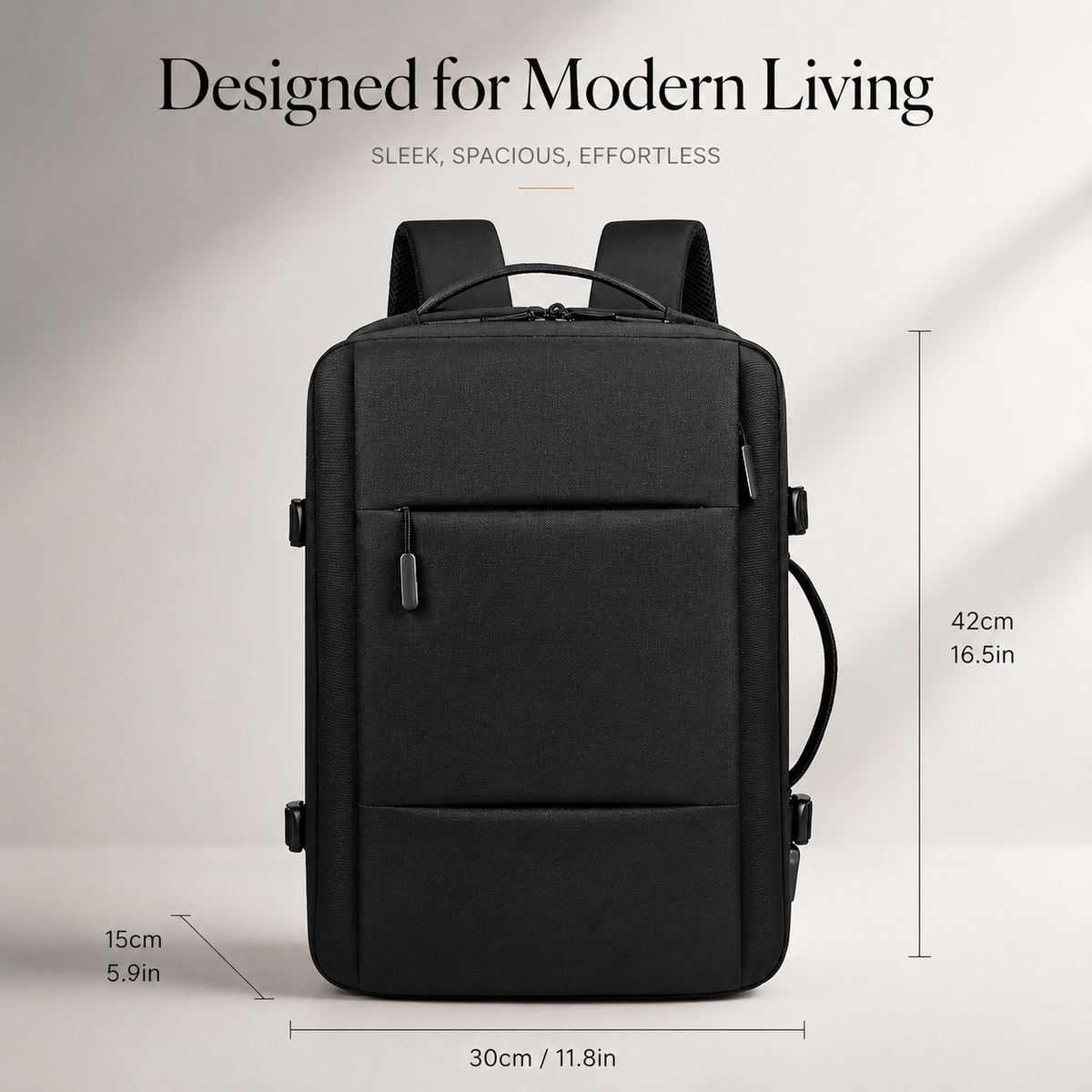 A black backpack faces forward with dimension arrows labeling 42-centimeter height, 30-centimeter width and 15-centimeter depth.