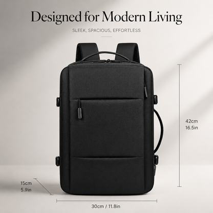 A black backpack faces forward with dimension arrows labeling 42-centimeter height, 30-centimeter width and 15-centimeter depth.
