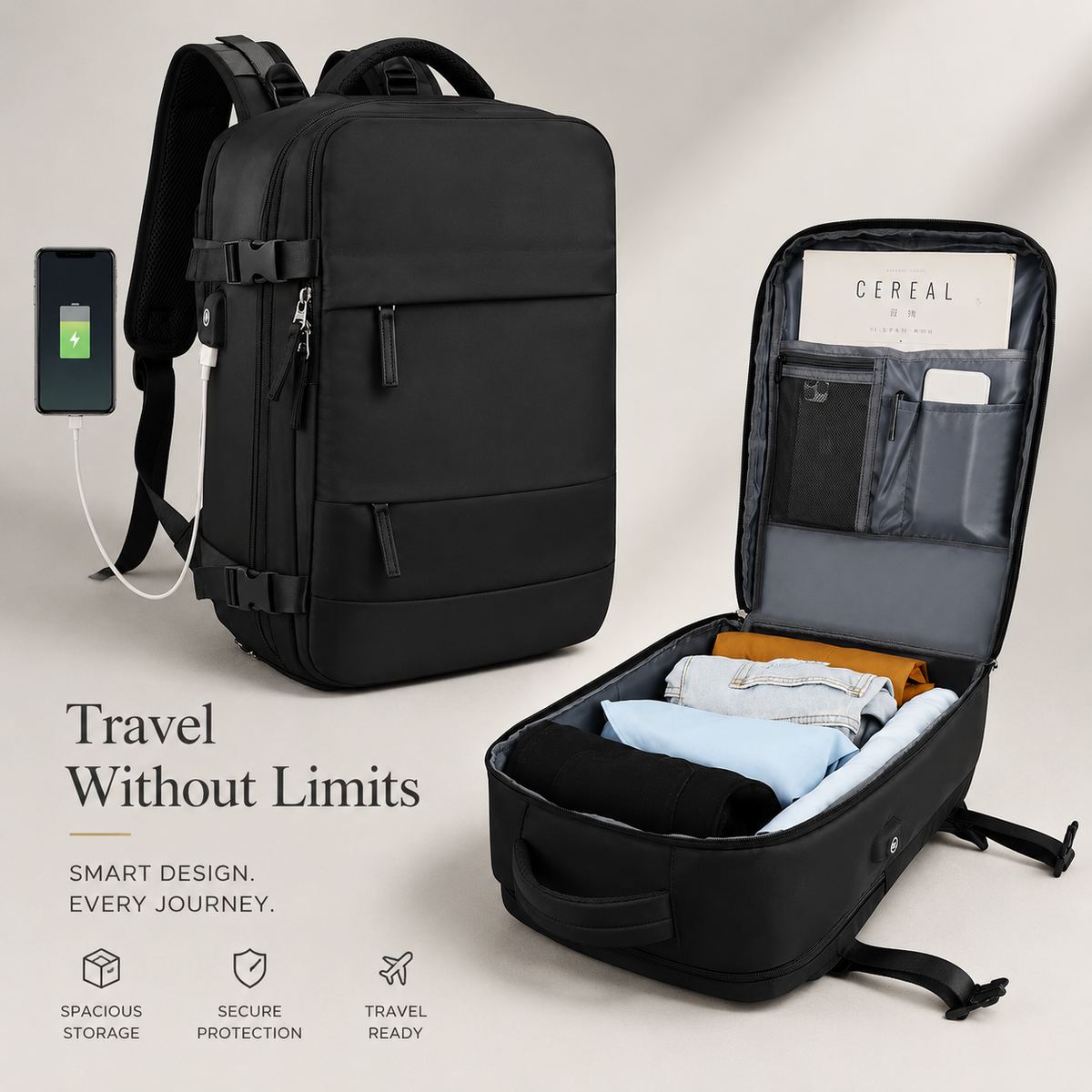 A black backpack stands beside an open view packed with folded clothes, a magazine and phone. A connected phone displays a green charging symbol.