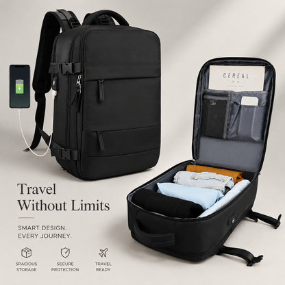 A black backpack stands beside an open view packed with folded clothes, a magazine and phone. A connected phone displays a green charging symbol.