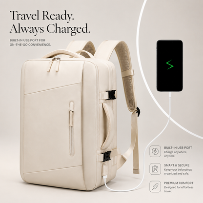 A cream backpack appears with a phone connected to its side USB port by a white cable. Text promotes travel, organization and comfort.