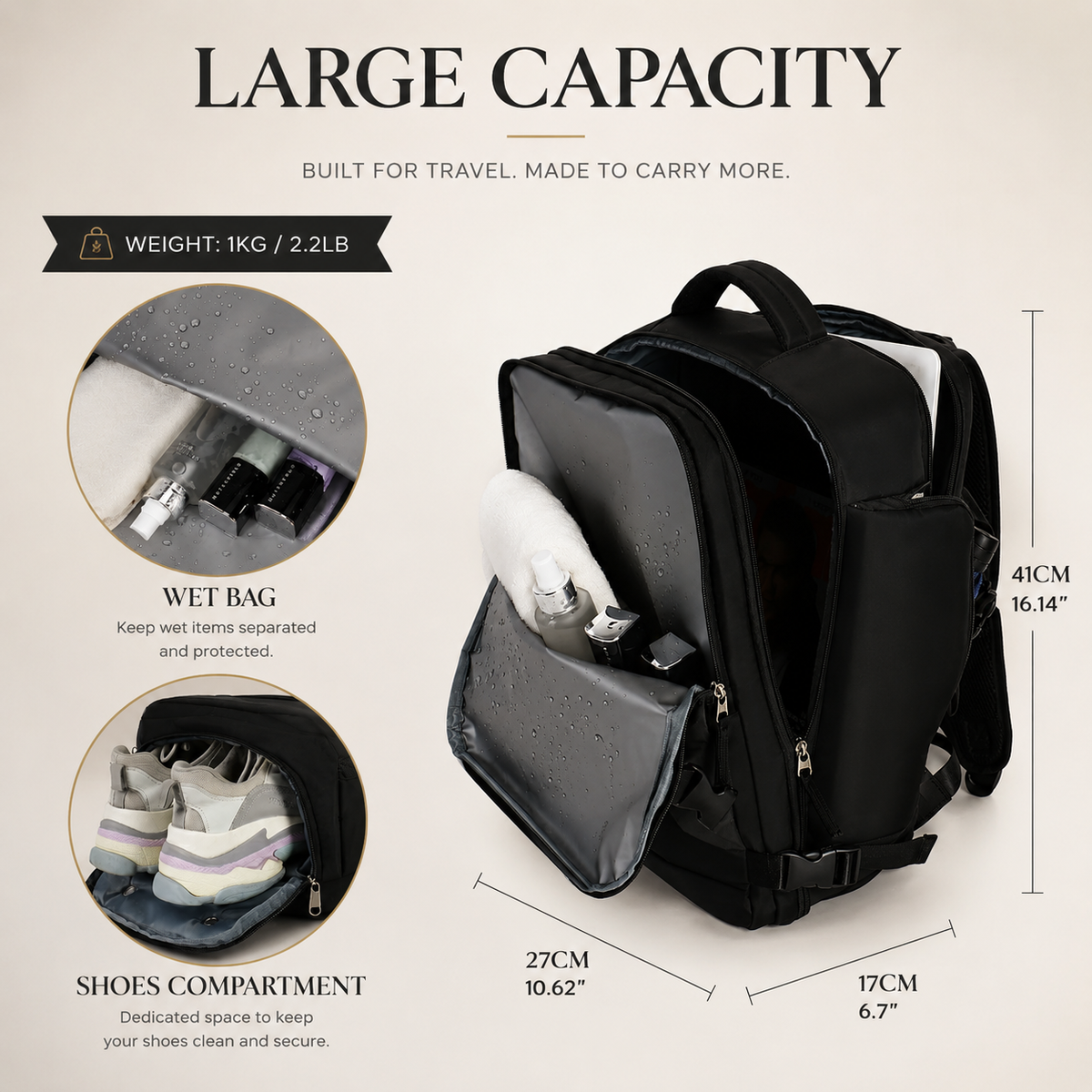 A black backpack opens to reveal compartments, with insets showing a wet-item pocket and shoes compartment. Dimension arrows and text list size and weight.