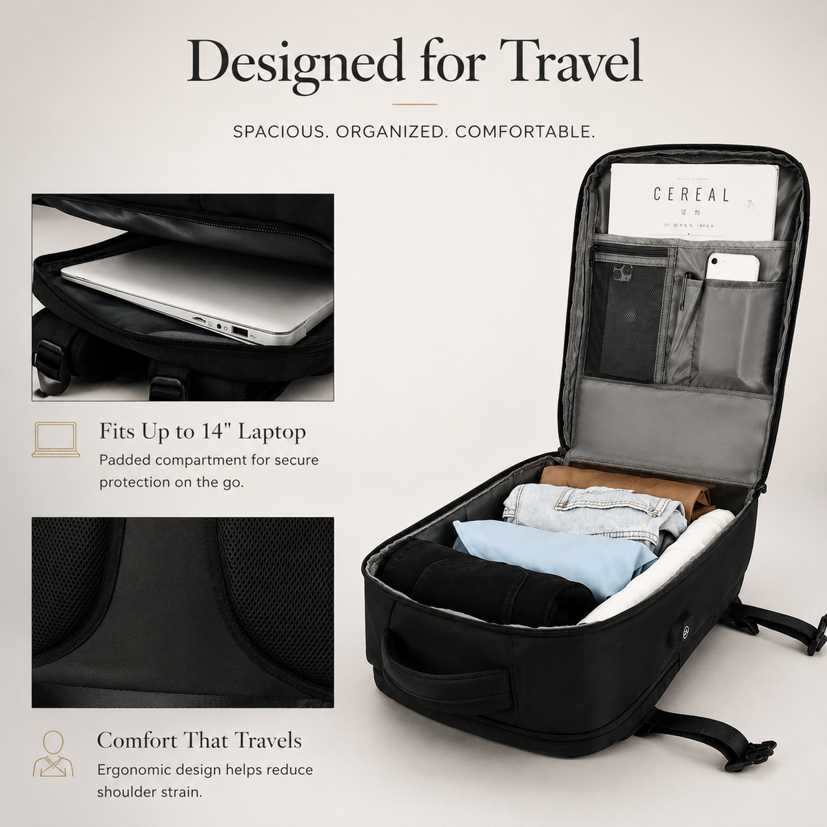 An open black backpack contains folded clothing and organizer items. Insets show a laptop compartment and padded back; text advertises space for a 14-inch laptop.