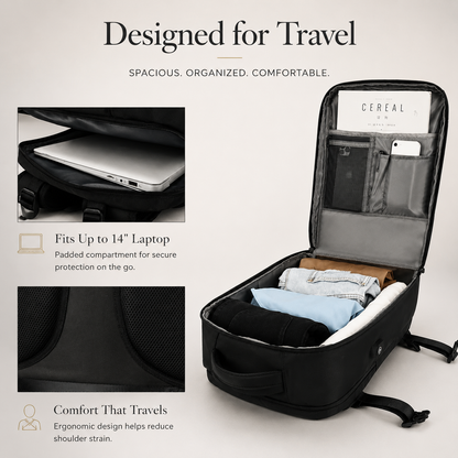 An open black backpack contains folded clothing and organizer items. Insets show a laptop compartment and padded back; text advertises space for a 14-inch laptop.