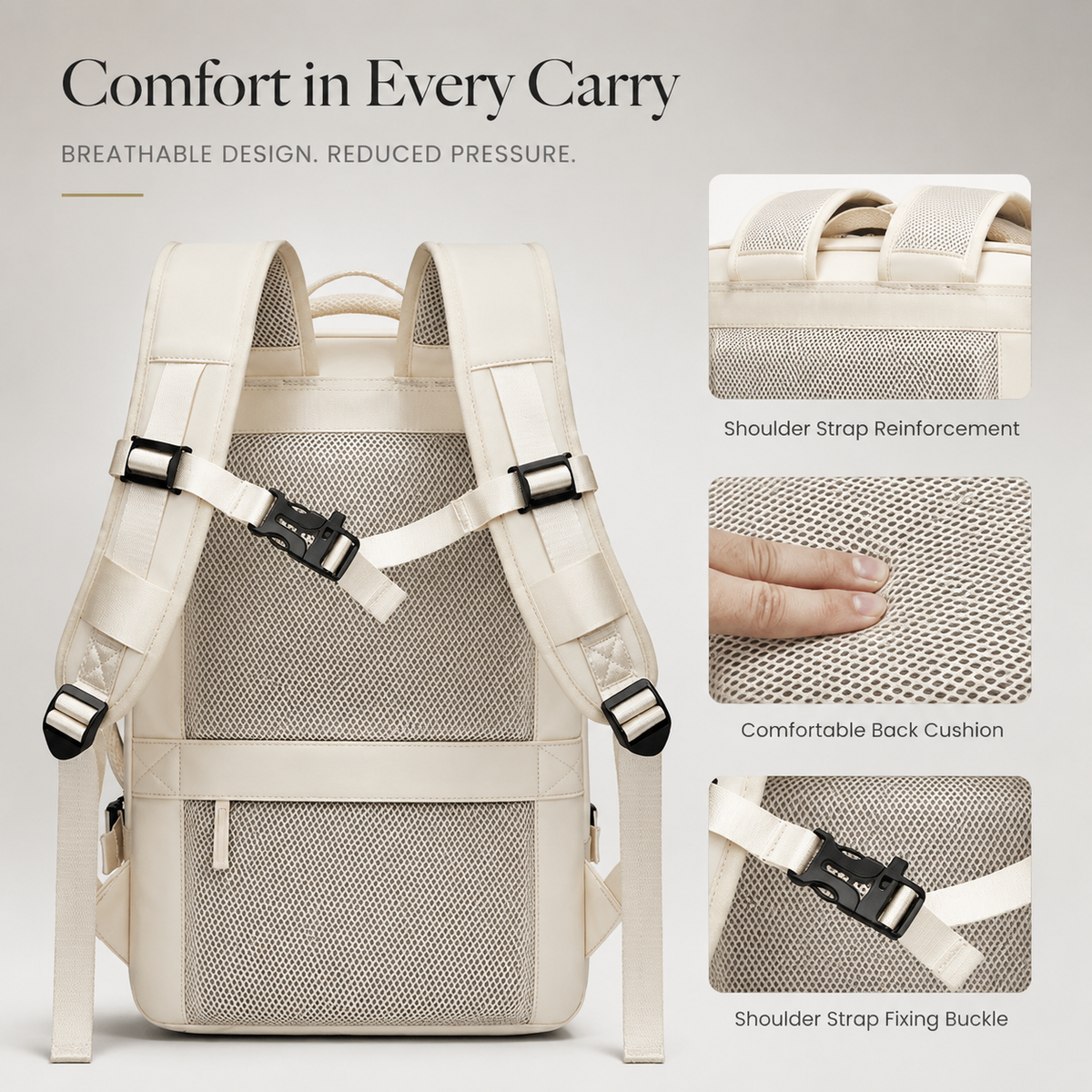 The rear of a cream backpack shows padded straps, mesh cushioning, chest buckle and luggage strap. Insets highlight reinforcement, cushioning and strap fastening.