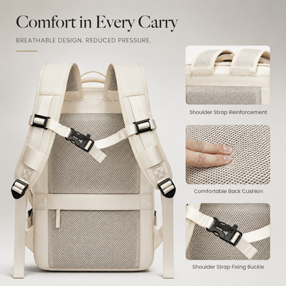 The rear of a cream backpack shows padded straps, mesh cushioning, chest buckle and luggage strap. Insets highlight reinforcement, cushioning and strap fastening.